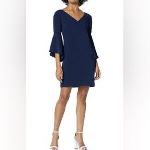 Trina Turk Nico Ruffle Sleeve Dress Navy Lined Fit & Flare Fits Like Medium